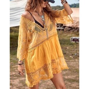Yellow Lace V-Neck Coverup Tunic Dress